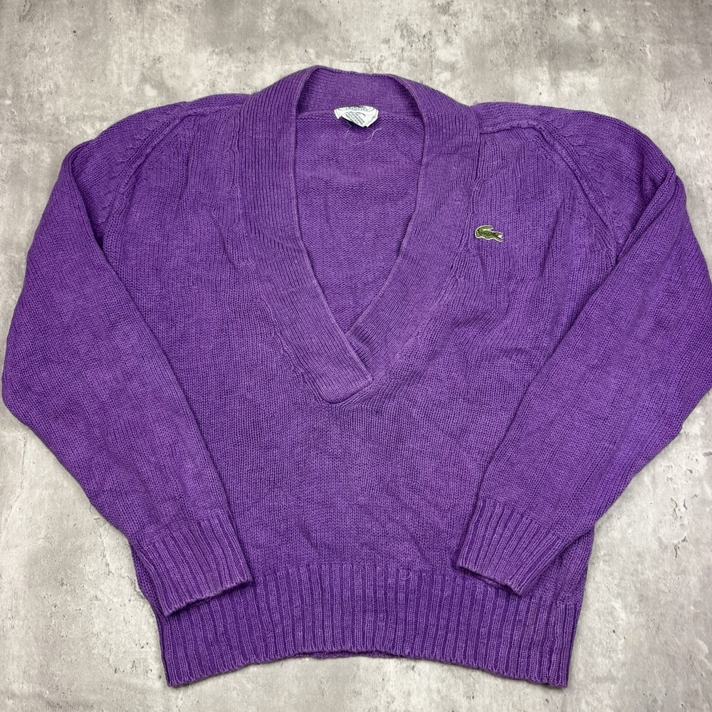 Vintage 80s 90s Womens S Lacoste Embroidered V Neck Purple Pullover Knit Sweater